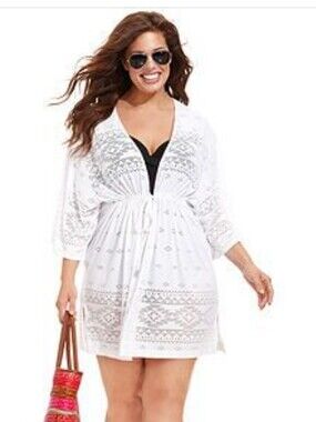 Dotti Gypsy Dance Kimono Tunic White Bathing Suit Cover Up Size 2X